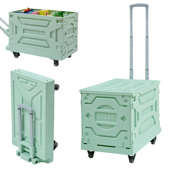 Katkuca Mobile Folding Cart With Lid, Portable Rolling Crate Handcart with Telescoping Handle, Green