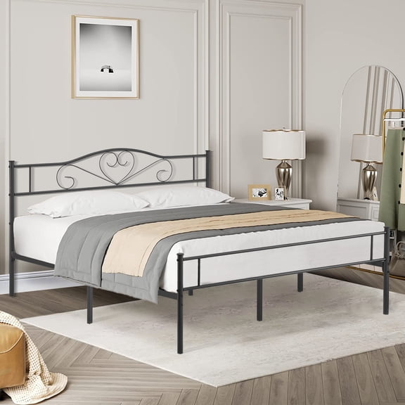 Katkuca Queen Metal Bed Frame Heavy Duty Platform with Headboard No Box Spring Needed,Black