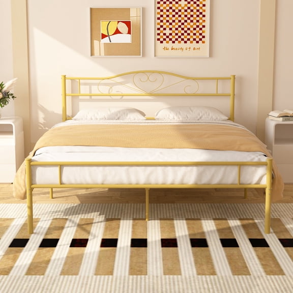Katkuca Queen Metal Bed Frame Heavy Duty Platform with Headboard No Box Spring Needed,Gold