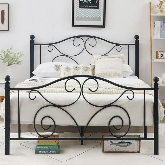 Katkuca Queen Size Metal Bed Frame with Headboard and Footboard, Mattress Foundation/No Box Spring Needed, Black