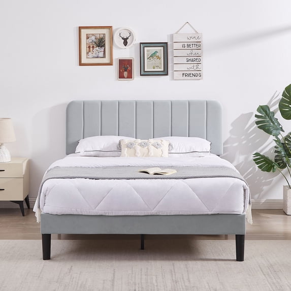 Katkuca Queen Upholstered Platform Bed Frame with Adjustable Headboard, Strong Wood Slats Support, Mattress Foundation, No Box Spring Needed, Easy Assembly, Light Gray