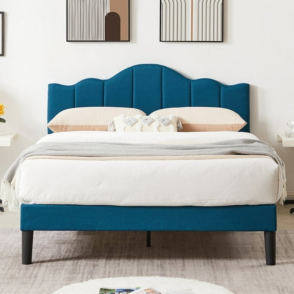 Katkuca Queen Upholstered Platform Bed Frame with Adjustable Headboard, No Spring Box Need, Blue