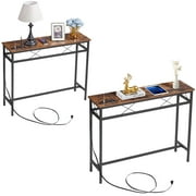 Katkuca Set of 2 Console Table with Charging Station, 39.4" Length Narrow Sofa Table with Power Outlets & USB Ports, Brown