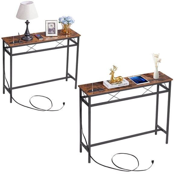 Katkuca Set of 2 Console Table with Charging Station, 39.4" Length Narrow Sofa Table with Power Outlets & USB Ports, Brown