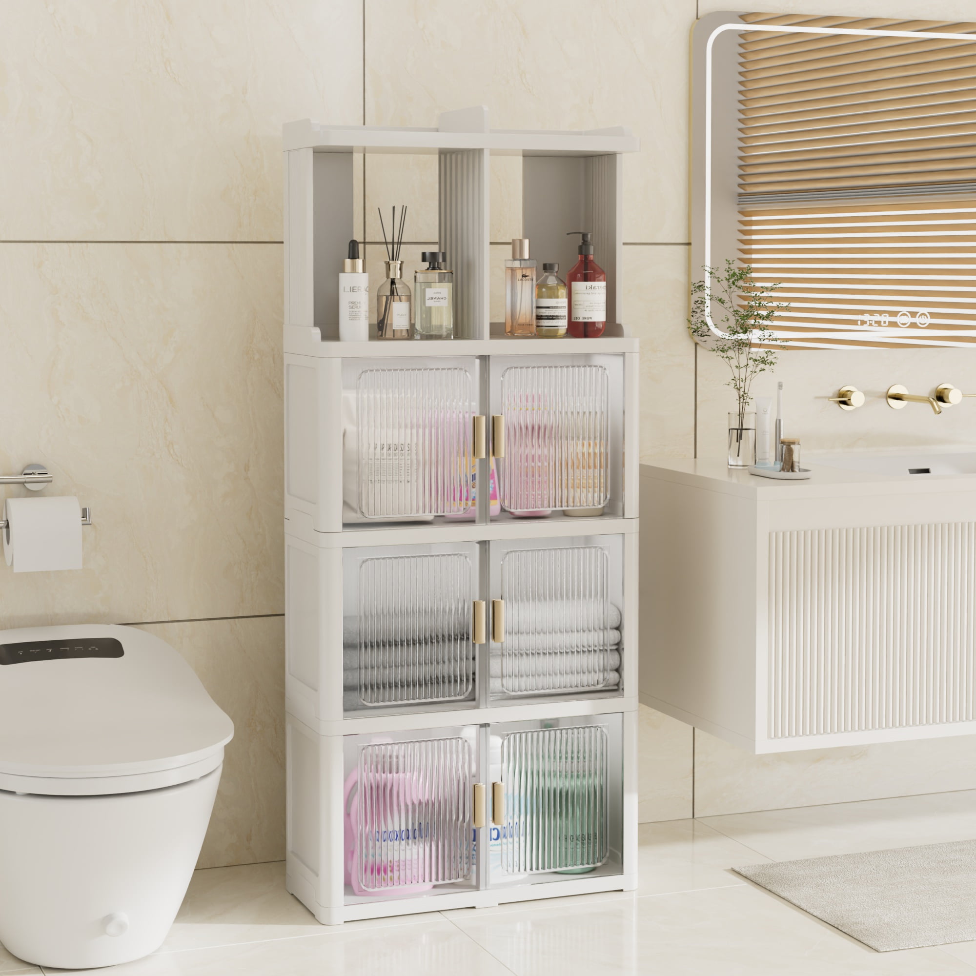 Katkuca Storage Cabinet with Magnetic Door, Bathroom Storage Cabinet with 5-Tier Shelves, Tall Kitchen Pantry for Home Office, Living Room, White