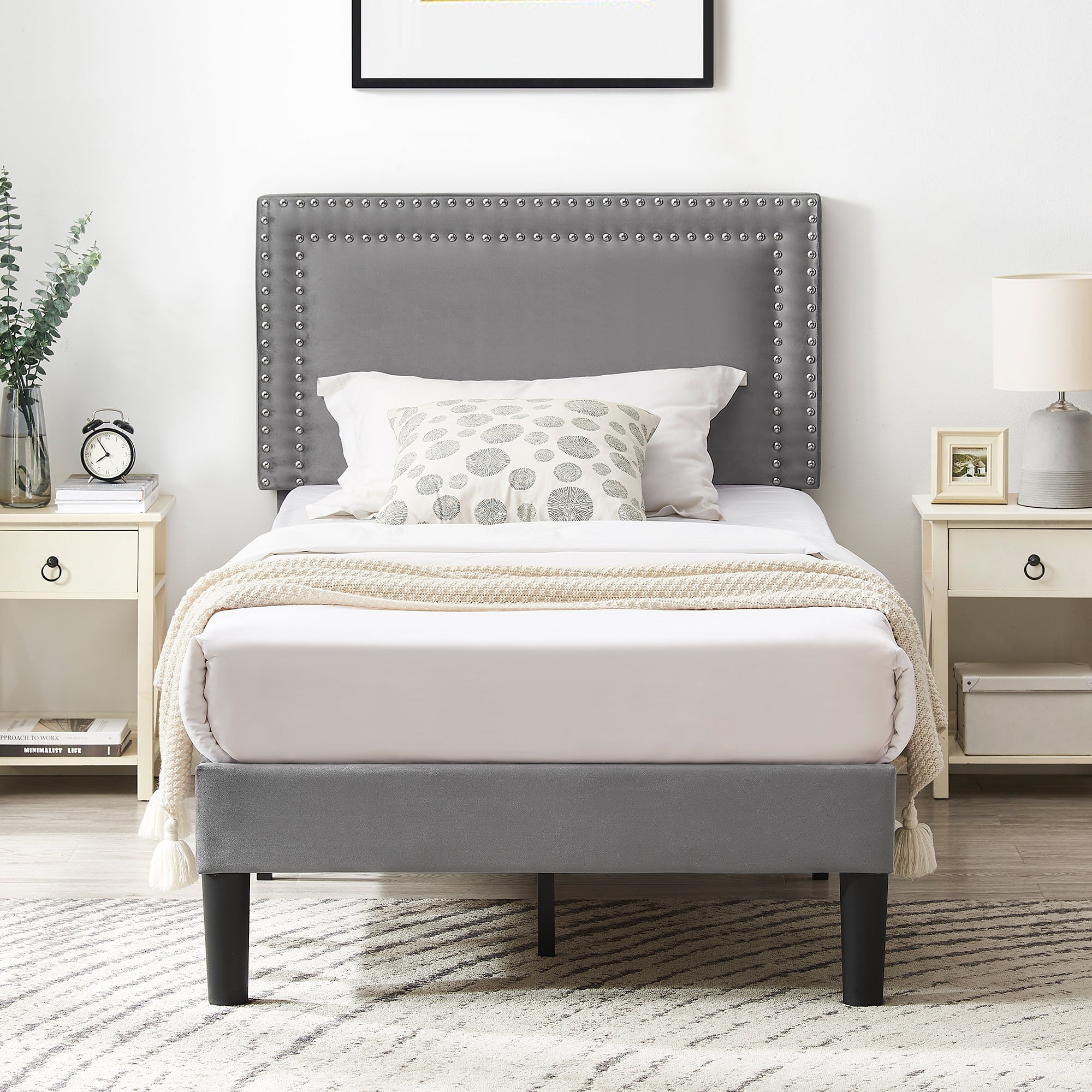 Katkuca Twin Bed Frame, Upholstered Queen Size Platform Bed Frame with Adjustable Headboard, Strong Wood Slat Support, No Box Spring Needed, Dark Gray