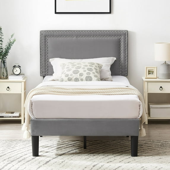 Katkuca Twin Bed Frame, Upholstered Queen Size Platform Bed Frame with Adjustable Headboard, Strong Wood Slat Support, No Box Spring Needed, Dark Gray