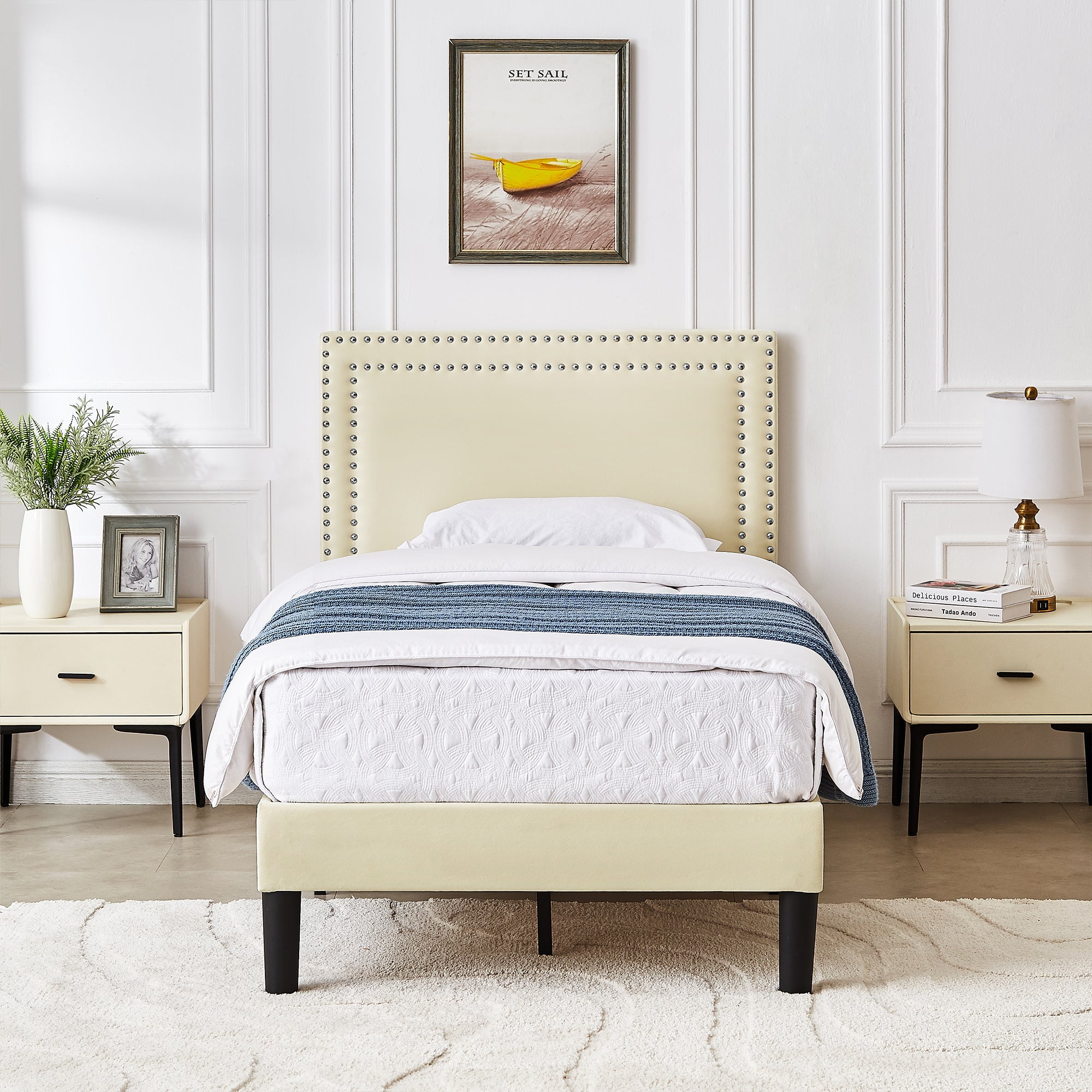 Katkuca Twin Bed Frame, Upholstered Queen Size Platform Bed Frame with Adjustable Headboard, Strong Wood Slat Support, No Box Spring Needed, Beige