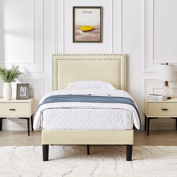 Katkuca Twin Bed Frame, Upholstered Queen Size Platform Bed Frame with Adjustable Headboard, Strong Wood Slat Support, No Box Spring Needed, Beige