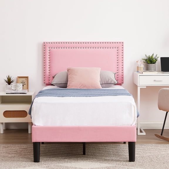 Katkuca Twin Bed Frame, Upholstered Queen Size Platform Bed Frame with Adjustable Headboard, Strong Wood Slat Support, No Box Spring Needed, Pink