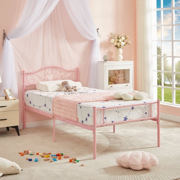 Katkuca Twin Metal Bed Frame Heavy Duty Platform with Headboard No Box Spring Needed,Pink