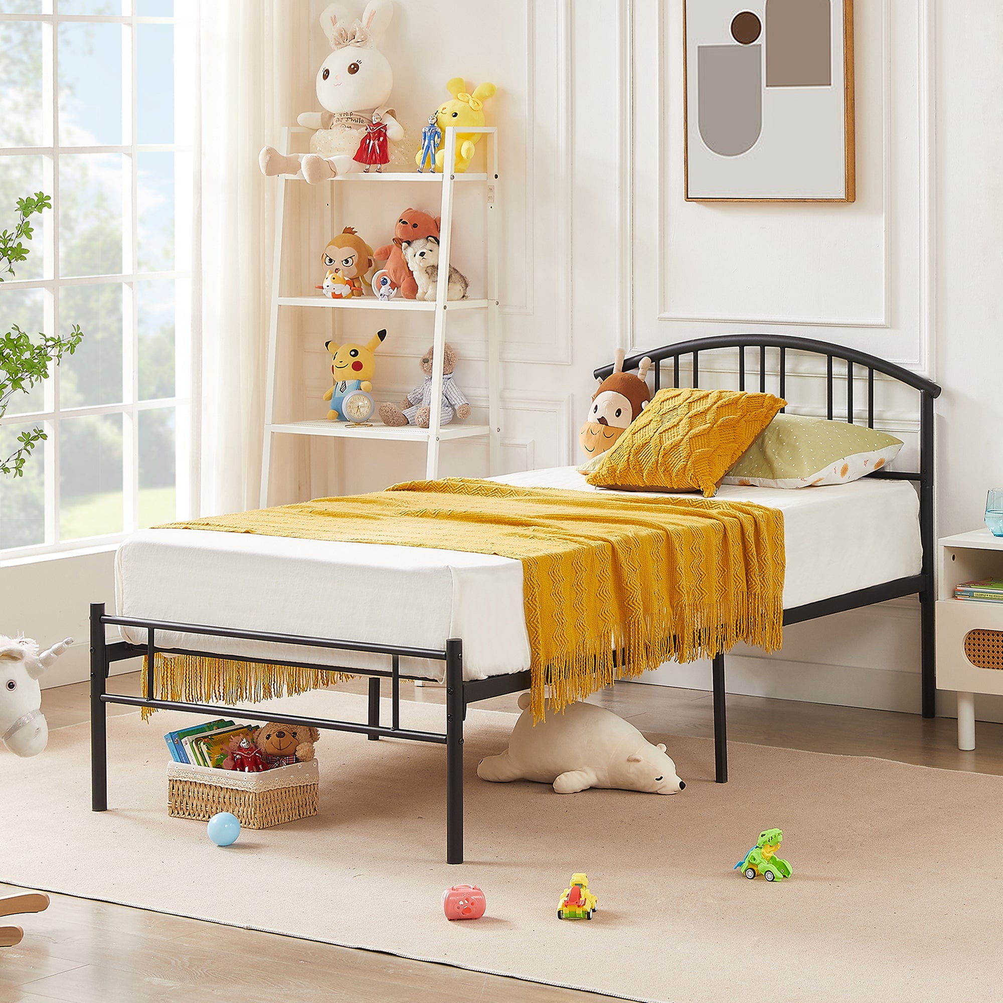 Black Twin Metal Bed Frame with Curved Headboard and Slats