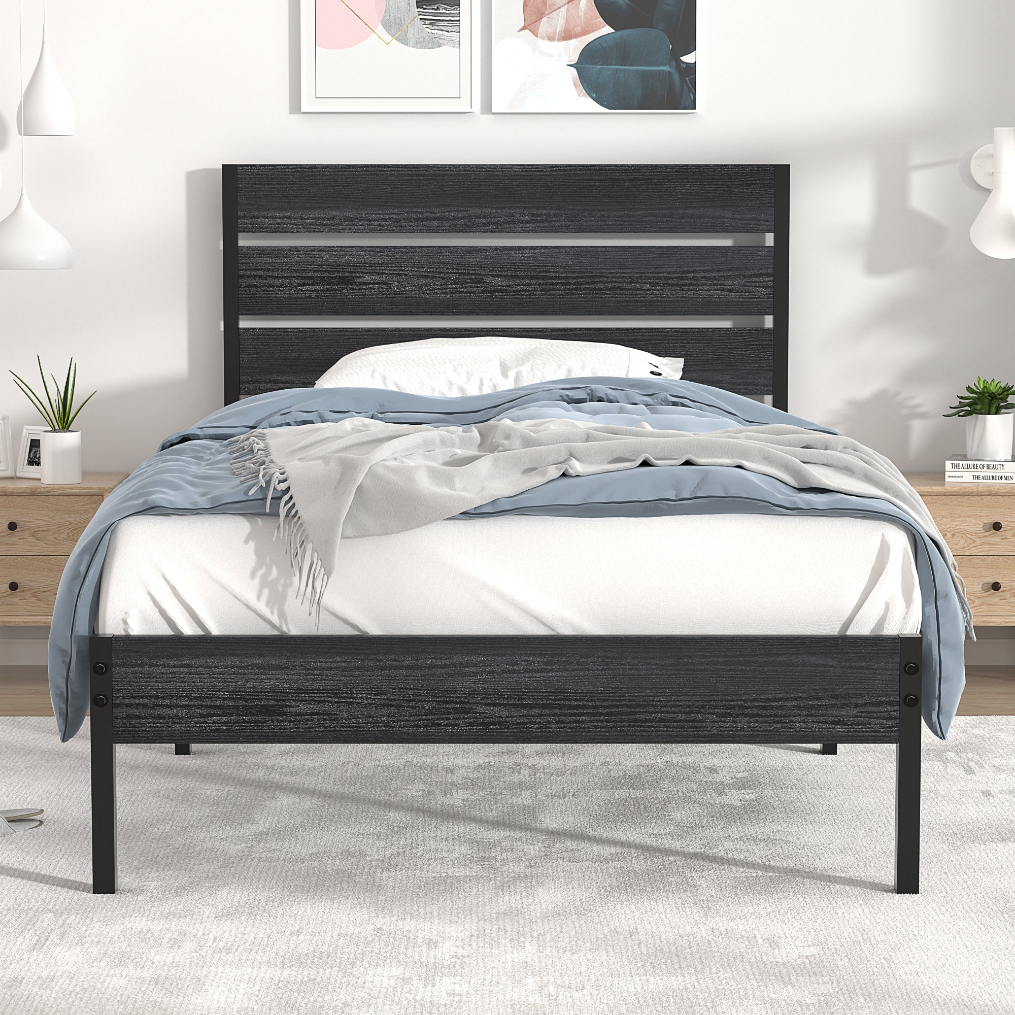 Katkuca Twin Size Metal Bed Frame, Industrial Platform Bed with Wood Headboard and Footboard, Heavy-Duty Metal Mattress Foundation, Easy Assembly, No Box Spring Needed, Black