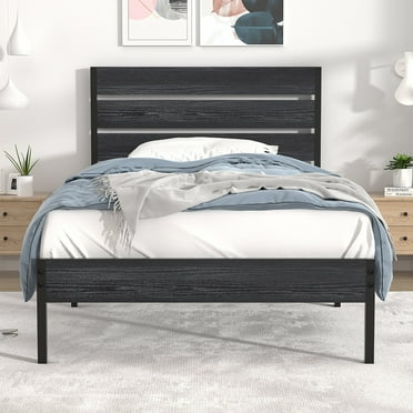 Katkuca Twin Size Metal Bed Frame, Industrial Platform Bed with Wood Headboard and Footboard, Heavy-Duty Metal Mattress Foundation, Easy Assembly, No Box Spring Needed, Black