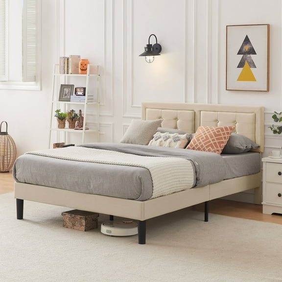 Katkuca Upholstered Platform Bed Frame with Height Adjustable Headboard, Easy Assembly, Full Size, Beige