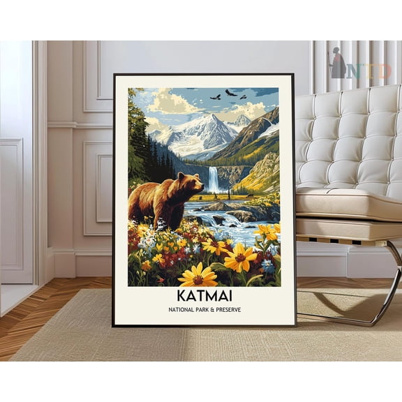 Katmai National Park Alaska Brooks Falls Grizzly Bear Wall Art, Unframed Canvas 8x10in