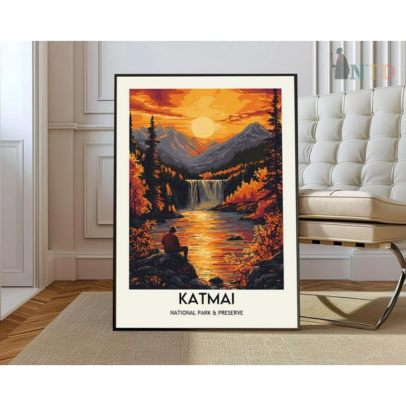 Katmai National Park Alaska Grizzly Bear River Landscape Wall Art, Stretched Canvas 8x10in