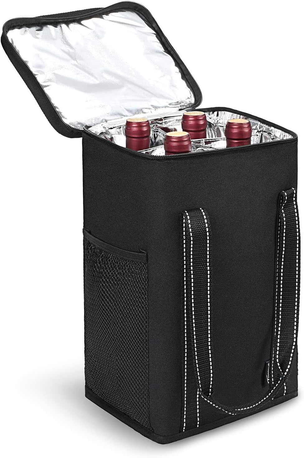 Black Insulated 4 Bottle Wine Carry Cooler Tote Bag with Removable Divider