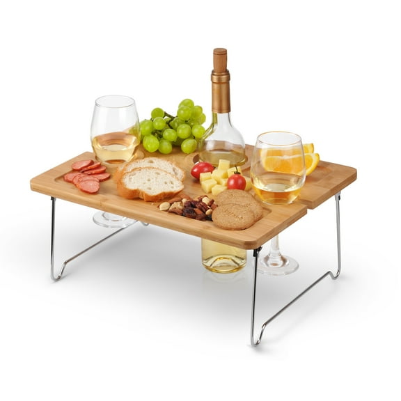 Kato Bamboo Folding Portable Wine Picnic Table, Functional Snack Tray Detachable Table with Wine Bottle and Glass Holder ,Ideal Wine Lover Gift