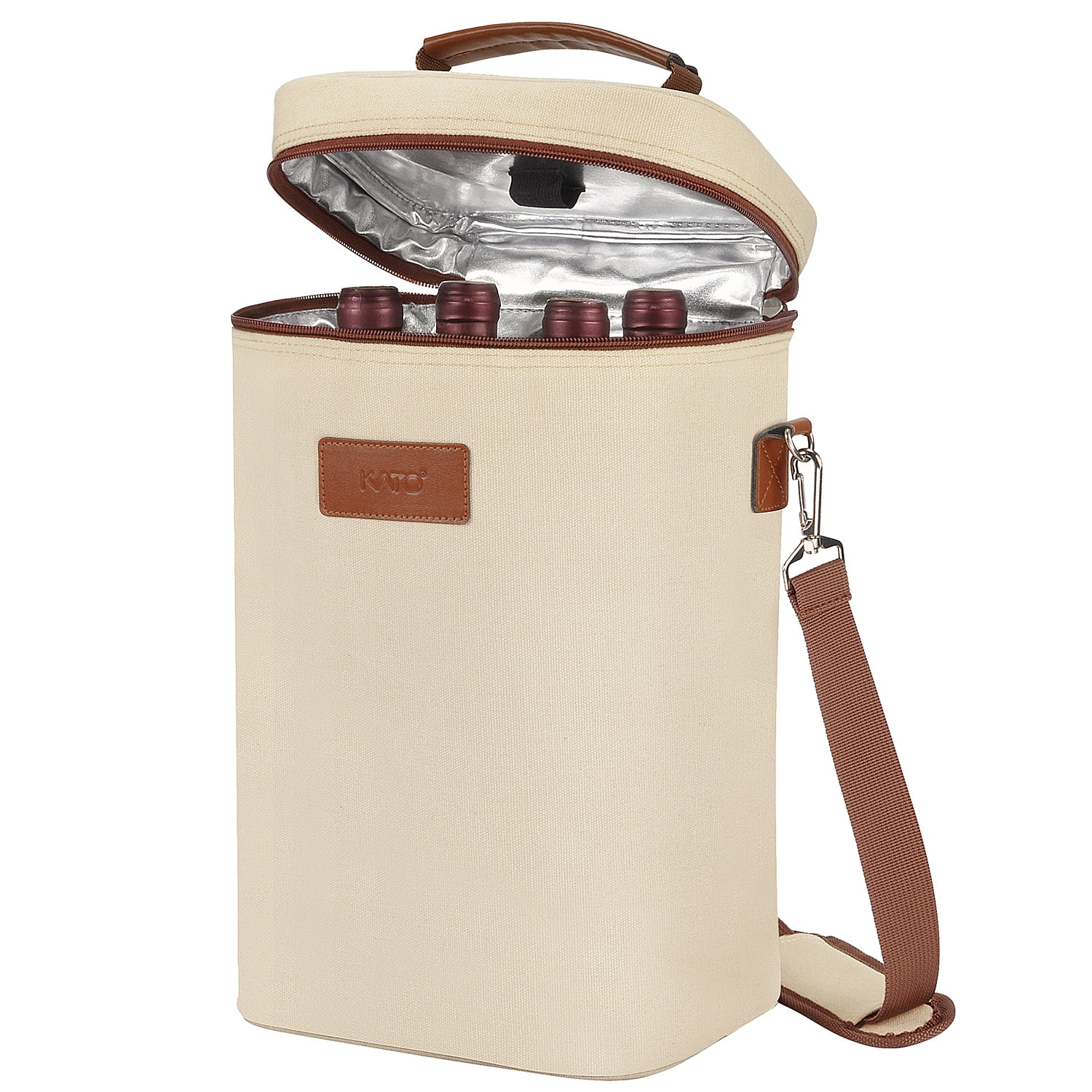 Beige 4-Bottle Insulated Canvas Wine Carrier Tote