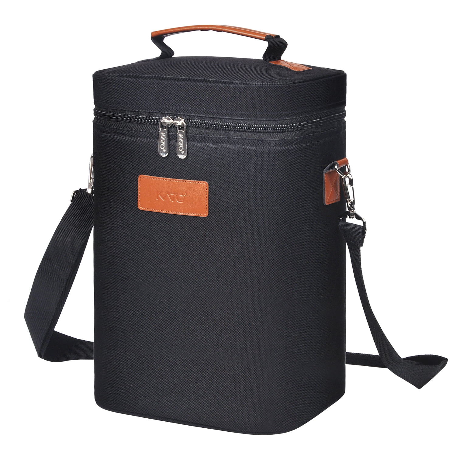 Black Insulated 4-Bottle Wine Carrier Tote with Leather Handle