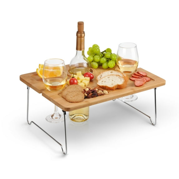 Kato Outdoor Wine Picnic Folding Portable Bamboo Table 15.7" x 11.8" x 1.8", Camping with Wine Glasses & Bottle Holder for Concerts at Park, beach, Ideal Wine Lover Gift