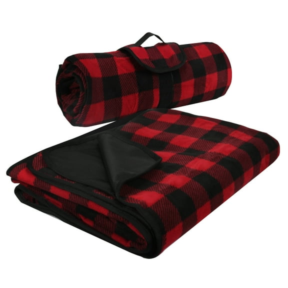 Kato Outdoors Waterproof Throw Blanket, Stadium Windproof Sherpa Fleece Blanket For Traveling, Camping, Hiking, and Football, Machine Washable, Red Plaid, 51'' x 59''