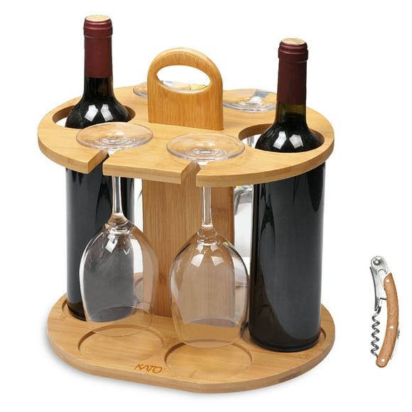 Kato Wine 2 Bottle Holder & 4 Glass Rack, Wine Glass Hanging Drying Stand Organizer on Countertop Tabletop with Free Corkscrew, Bamboo