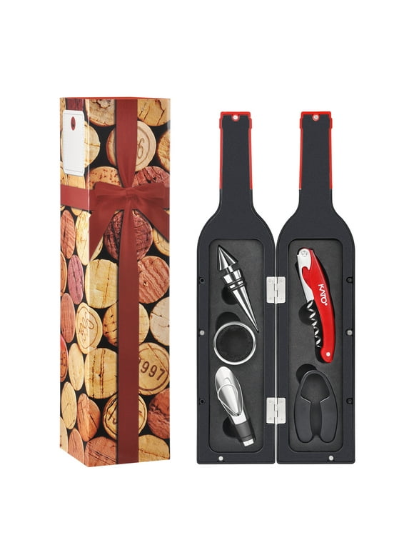 Kato Wine Bottle Accessories Gift Set - Wine Opener Kit Corkscrew Screwpull, Stopper, Aerator Pourer, Foil Cutter, Drip Ring with Drink Stickers, Great Christmas Gifts, Valentine's Gifts, Red