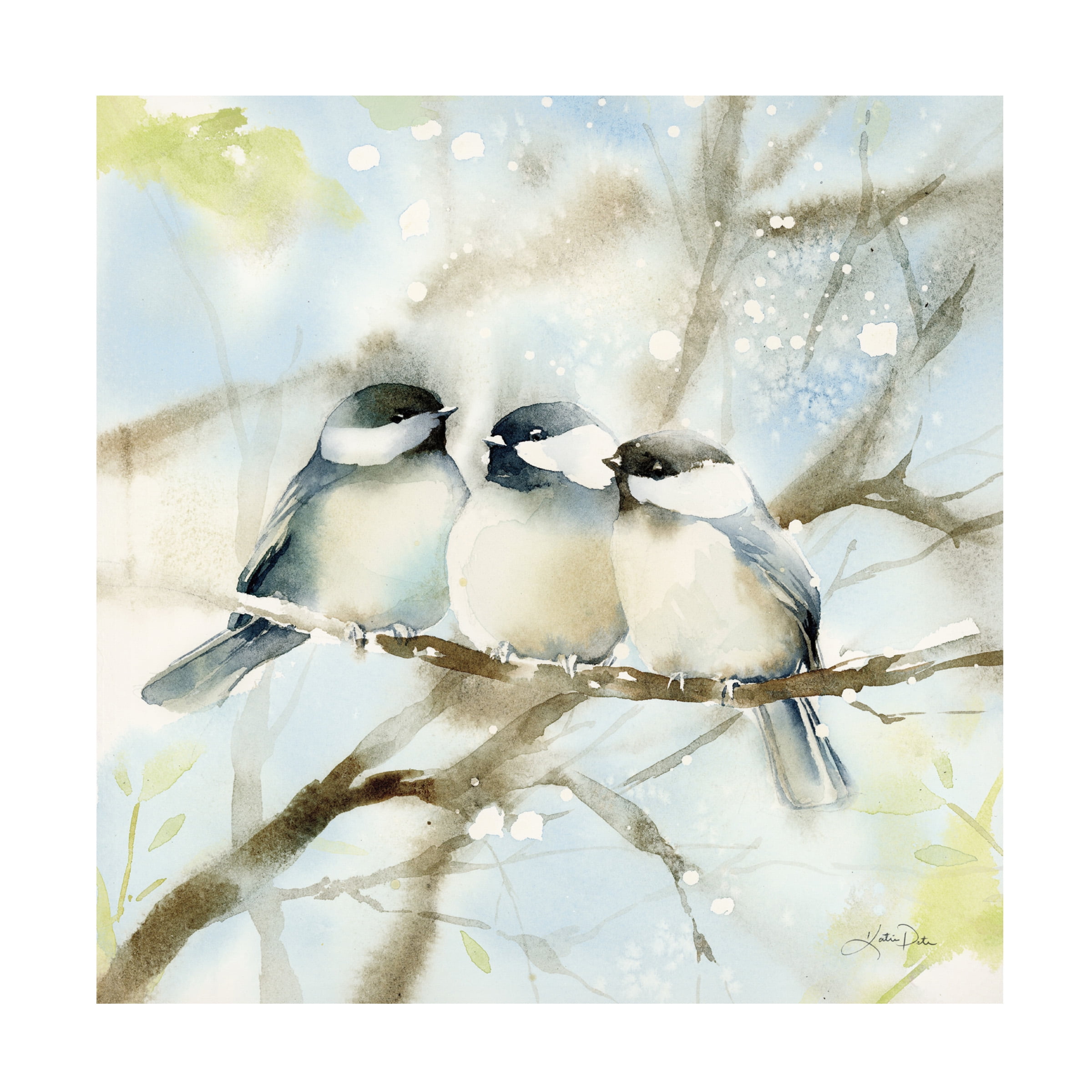 Three Chickadees on Branch Canvas Art 14 x 14