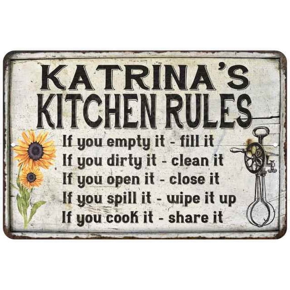 Katrina's Kitchen Rules Chic Sign Vintage Décor 8 x 12 Matte Finish Metal 108120032302