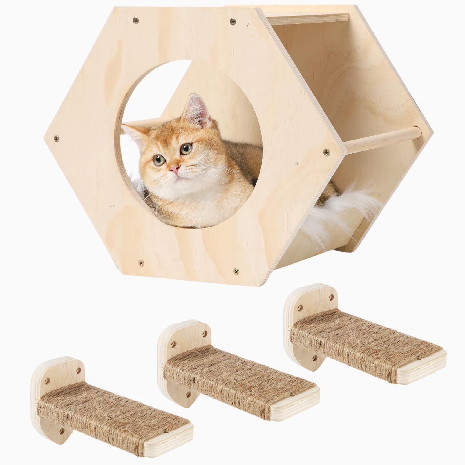 Katris Cat Shelves With 3 Steps Scratcher & Hammock  Wall Mounted Climbing Shelf For Indoor Cats (wood)