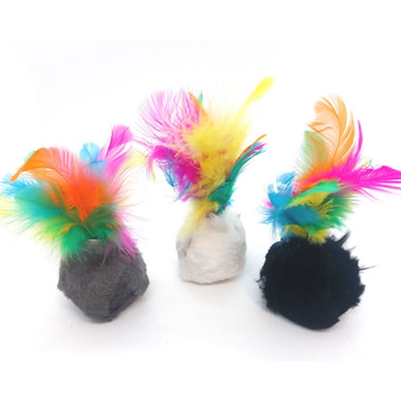 Kats'N Us 4 Inch Feather Wobble Ball Cat Toy - 3pk White, Gray, and Black. Durable Heavy Weighted Classic Cat Toy