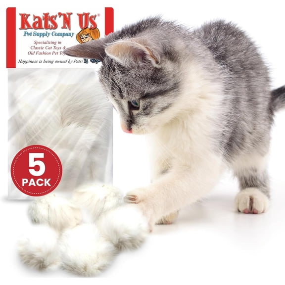 Kats'N Us 24 Inch Jumbo Pack of 5 Pom Pom Cat Toys  White Fuzzy Balls