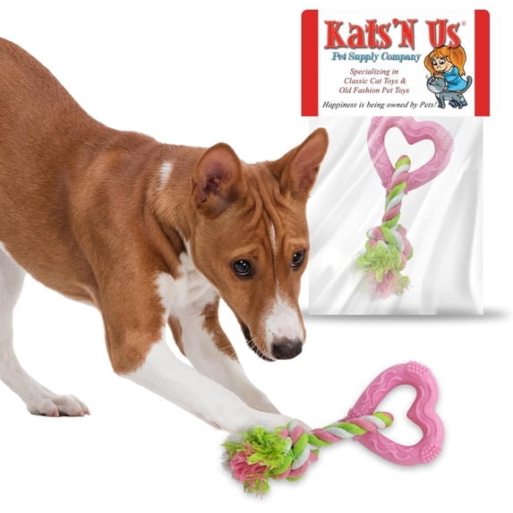 Kats'N Us 7 Inch Heart Shaped Rubber Puppy Chew Toy with Rope - Pink