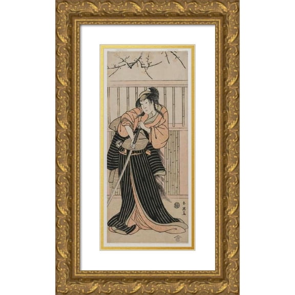 Katsukawa Shun'ei 13x24 Gold Ornate Framed and Double Matted Museum Art Print Titled - Actor Iwai Hanshiro IV as a Young Woman with a Sword (1791)