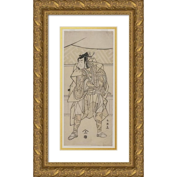 Katsukawa Shun'ei 8x14 Gold Ornate Wood Frame and Double Matted Museum Art Print Titled - Ichikawa Monnosuke II as a Samurai (1791)