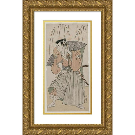 Katsukawa Shun'ei 9x14 Gold Ornate Wood Frame and Double Matted Museum Art Print Titled - Onoe Matsusuke I as a Samurai Standing Beneath a Cherry Tree (Late 1780s)