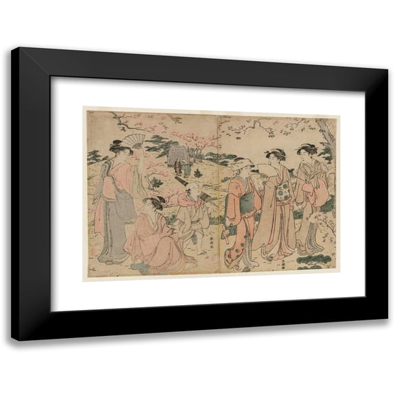 Katsukawa Shunchō 14x11 Black Modern Framed Museum Art Print Titled - Women Viewing Cherry Blossoms at Asukayama (1780s)