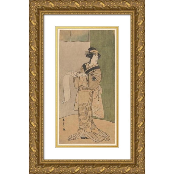 Katsukawa Shunchō 14x24 Gold Ornate Framed and Double Matted Museum Art Print Titled - Tall Actor as a Woman Reading a Letter by Bamboo Screen (ca. 1775-1800)