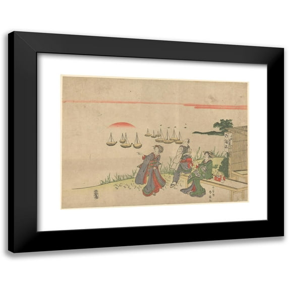 Katsukawa Shunsen 18x14 Black Modern Framed Museum Art Print Titled - Two Women with Man Watching Sun Rise Over Shinagawa Bay (1810)