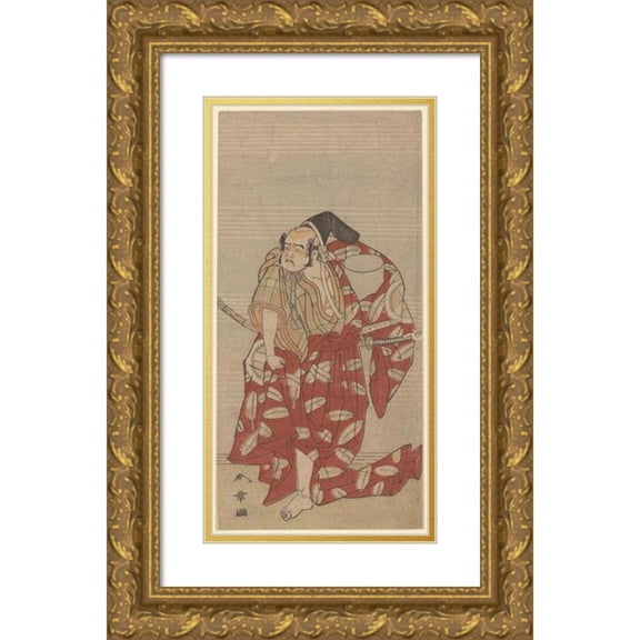 Katsukawa Shunshō 14x24 Gold Ornate Framed and Double Matted Museum Art Print Titled - Actor Otoni Hiroji as Samurai with Box (18th Century)