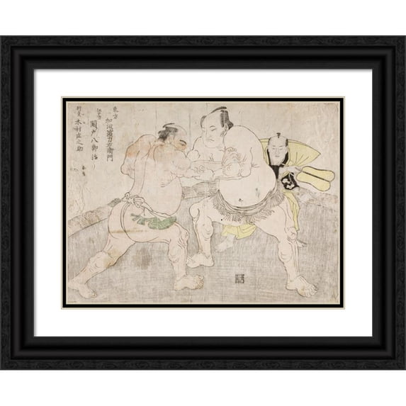 Katsukawa Shunshō 18x14 Black Ornate Wood Framed Double Matted Museum Art Print Titled - Wrestlers Kajigahama Rikiemon of the Eastern Group and Sekinoto Hachiroji of the Edo Tea, with t