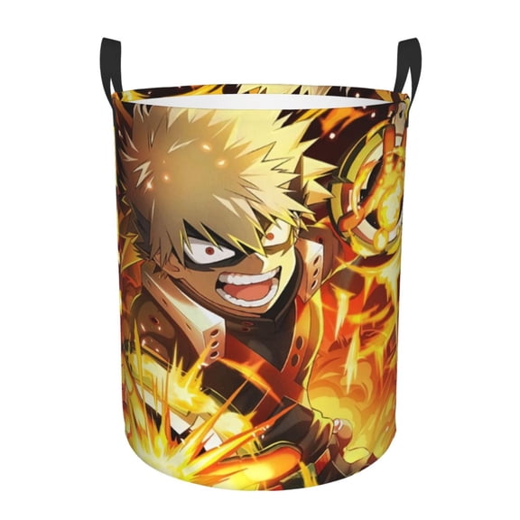 Katsuki Bakugo Laundry Basket Foldable Circular Dirty Clothes Toys Storage Organizer Bin Basket with Handles, Round Hamper For Bedroom Livingroom Bathroom
