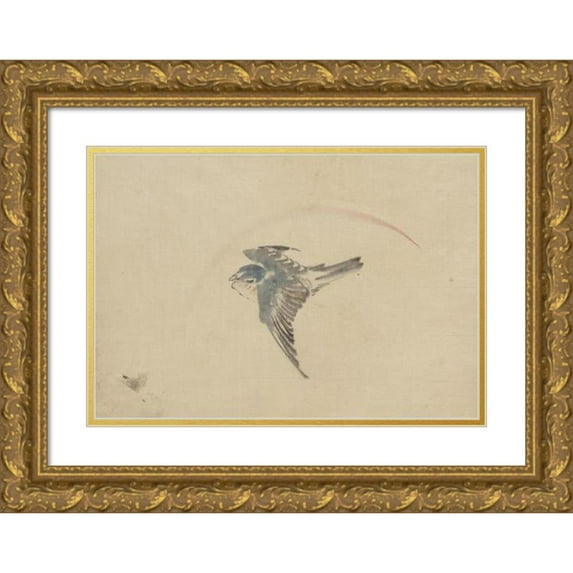 Katsushika Hokusai 14x11 Gold Ornate Wood Frame and Double Matted Museum Art Print Titled - A Bird Flying to the Left, Seen from Above (1830-1850)