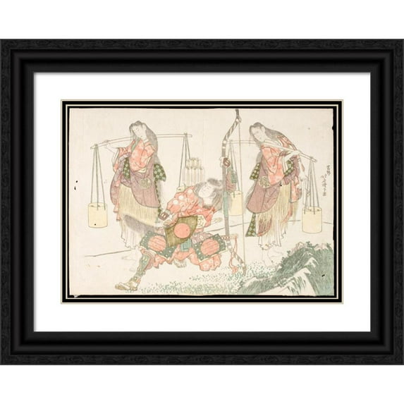 Katsushika Hokusai 18x14 Black Ornate Wood Framed Double Matted Museum Art Print Titled - Minamoto No Tametomo and Two Salt Gatherers (C. 1808)