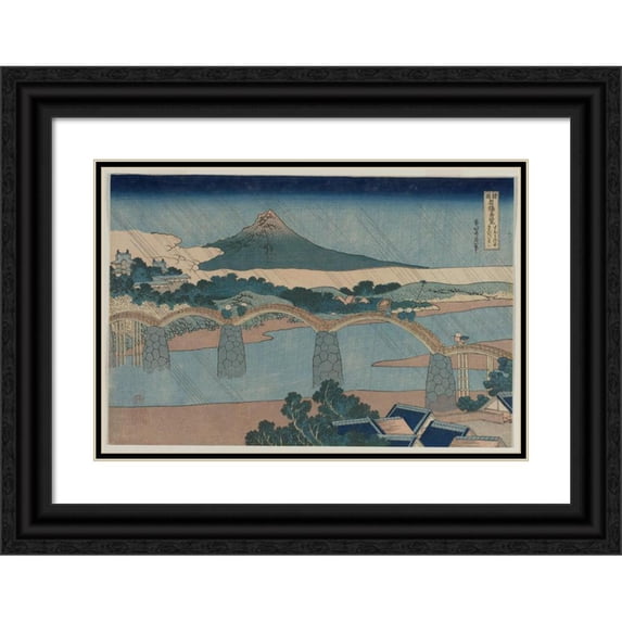 Katsushika Hokusai 18x14 Black Ornate Wood Framed Double Matted Museum Art Print Titled - The Brocade Bridge in Suo Province (From the Series Curious Views of Famous Bridges in the Prov