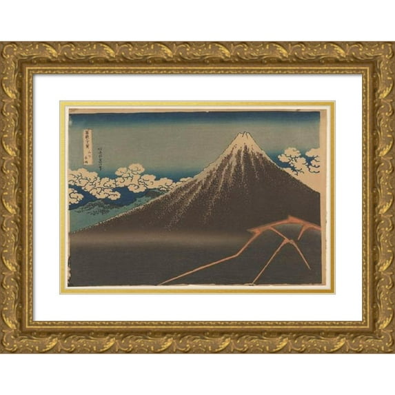 Katsushika Hokusai 18x14 Gold Ornate Wood Frame and Double Matted Museum Art Print Titled - Rainstorm Beneath the Summit (Sanka Haku-U) (ca. 1829-1833)