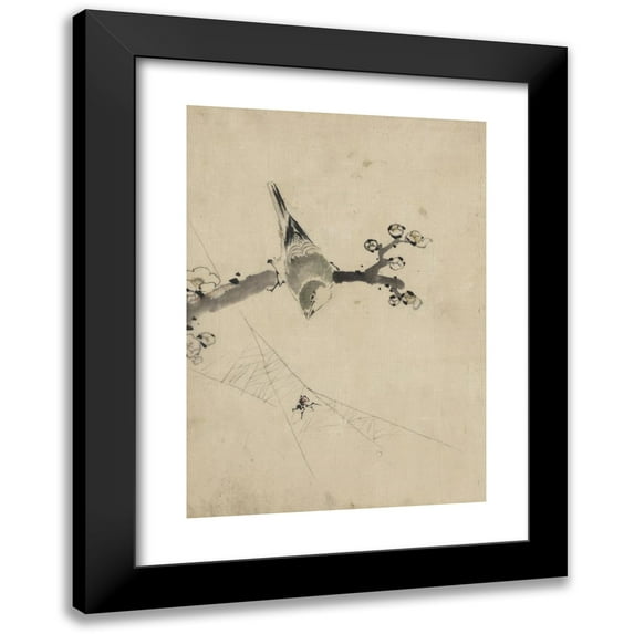 Katsushika Hokusai 18x24 Black Modern Framed Museum Art Print Titled - A Bird Perched on a Tree Branch with Blossoms, Watching a Spider on a Web (1830-1850)