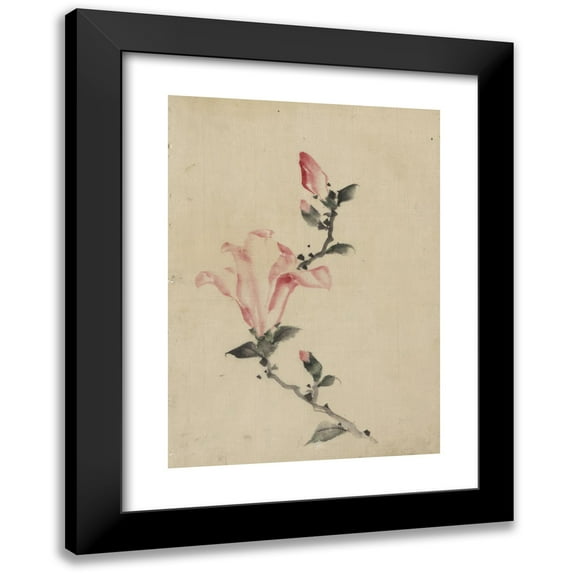 Katsushika Hokusai 18x24 Black Modern Framed Museum Art Print Titled - Large Pink Blossom on a Stem with Three Additional Buds (1830-1850)